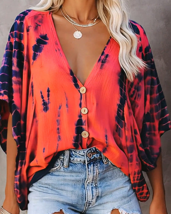 Blouse Col V Tie-Dye Décontractée