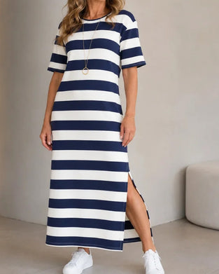 Robe Rayée Manches Courtes Fente Longue T-Shirt