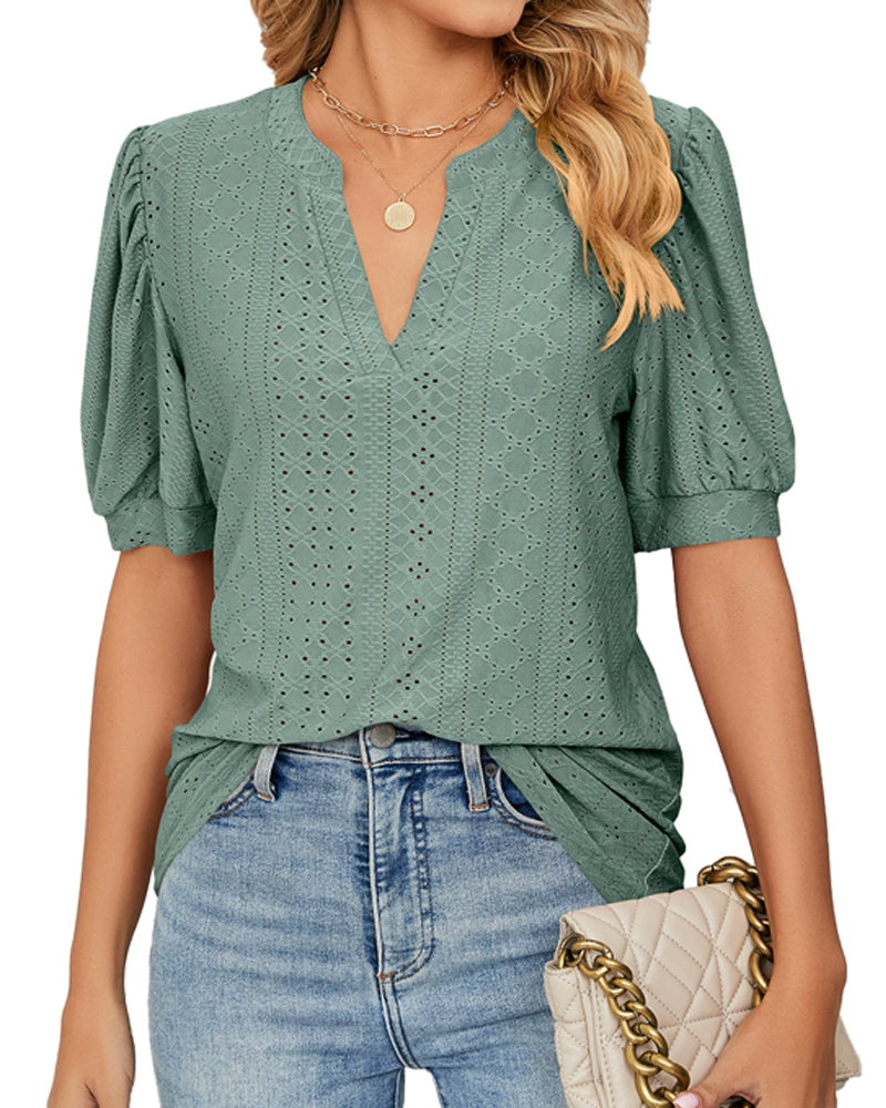 Blouses Col En V Uni Ajouré Manche Bouffante