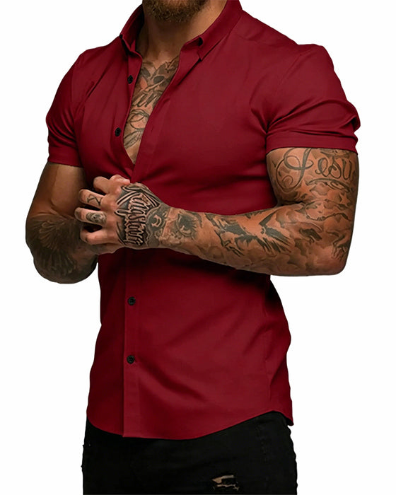 Chemise Haute Élasticité Revers Manches Courtes Homme