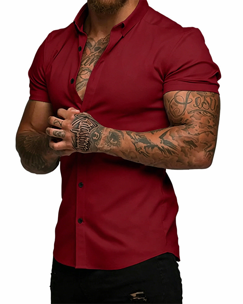 Chemise Haute Élasticité Revers Manches Courtes Homme