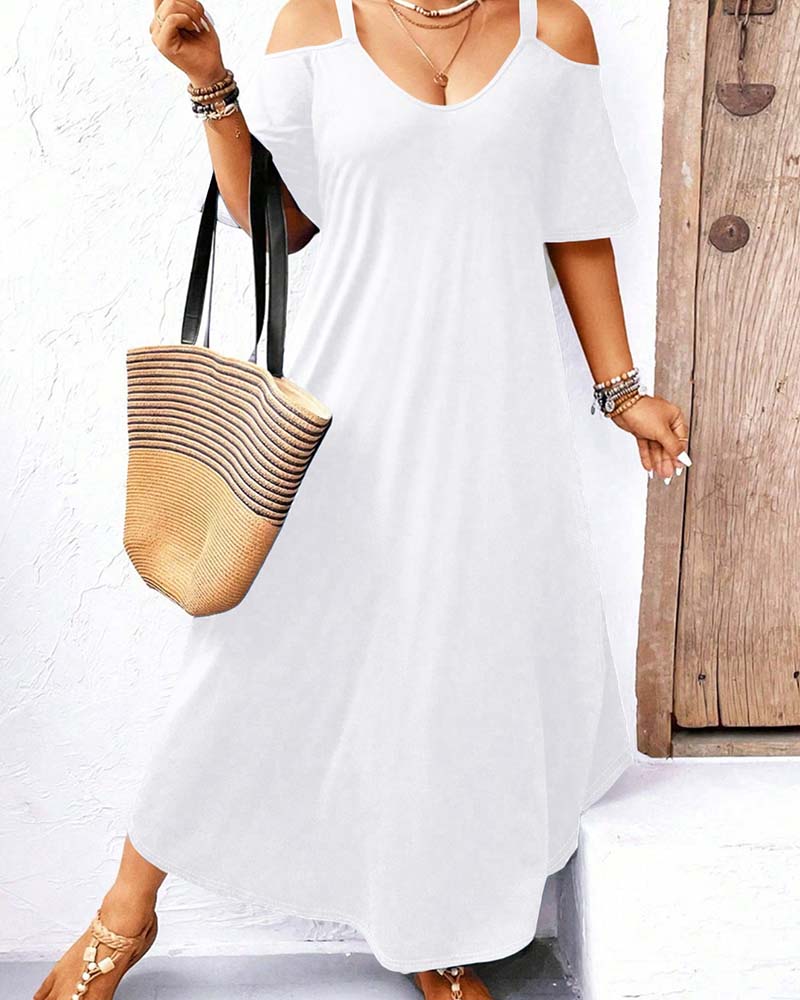 Robe Unie Col En V Épaules Dégagées Longue