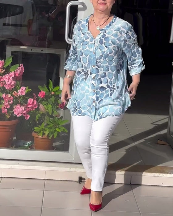Chemise boutonnée décontractée imprimée à col en V