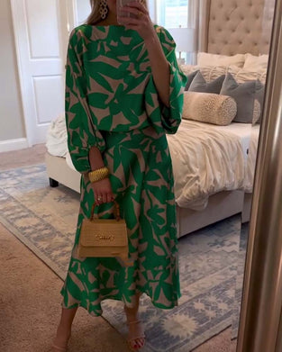 Ensemble Robe Décontractée Imprimé Manches Lanterne Tempérament