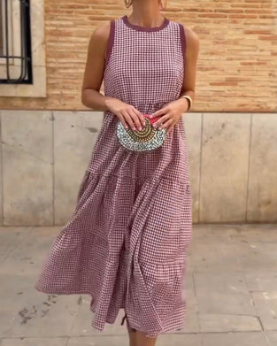 Robe Col Rond Plaid Sans Manches