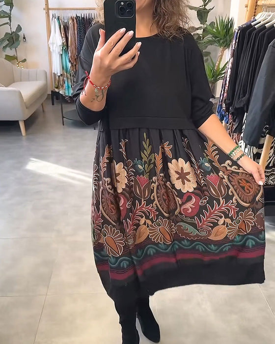 Robe Floral Encolure Ronde Patchwork Évasée