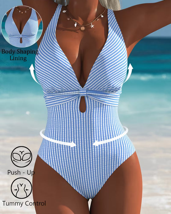 Une Pièce Halter Évidé Rayure