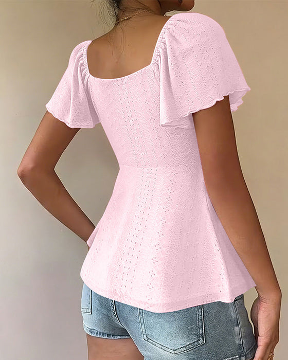 Blouse Ajourée Cordon Manches Courtes Unie