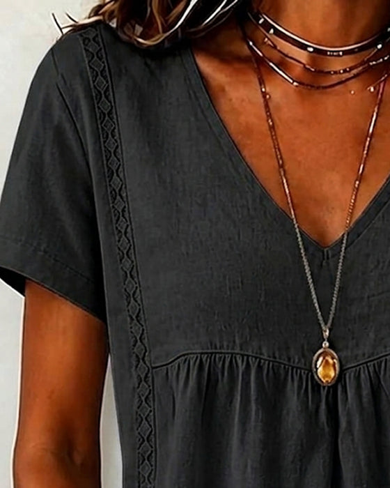 Blouse Col V Froncé Manche Courte