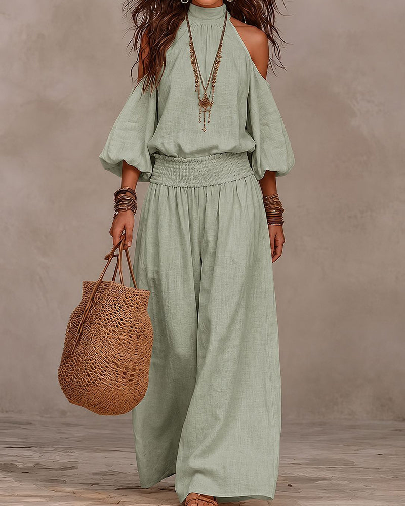 Ensemble Hors-Épaule Manches Longues Froncé Pantalon