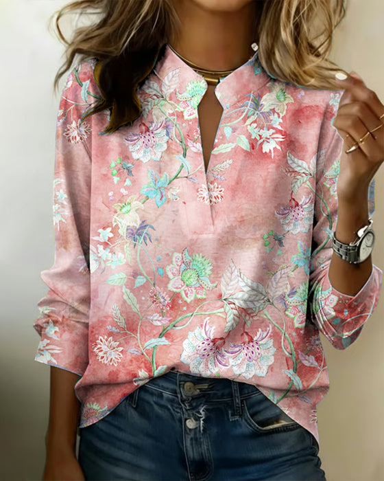 Blouse Col Monté Manches Longues Fleuri