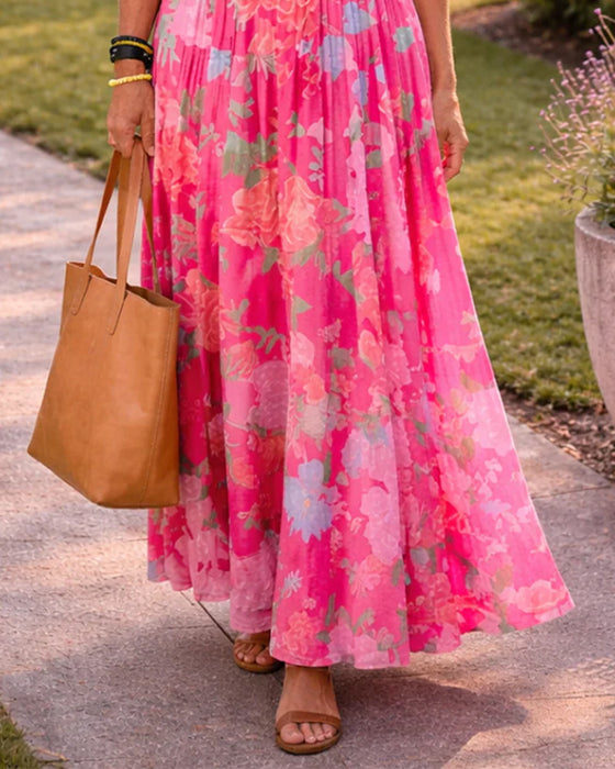 Robe Col V Imprimé Taille Haute Manche Ballon