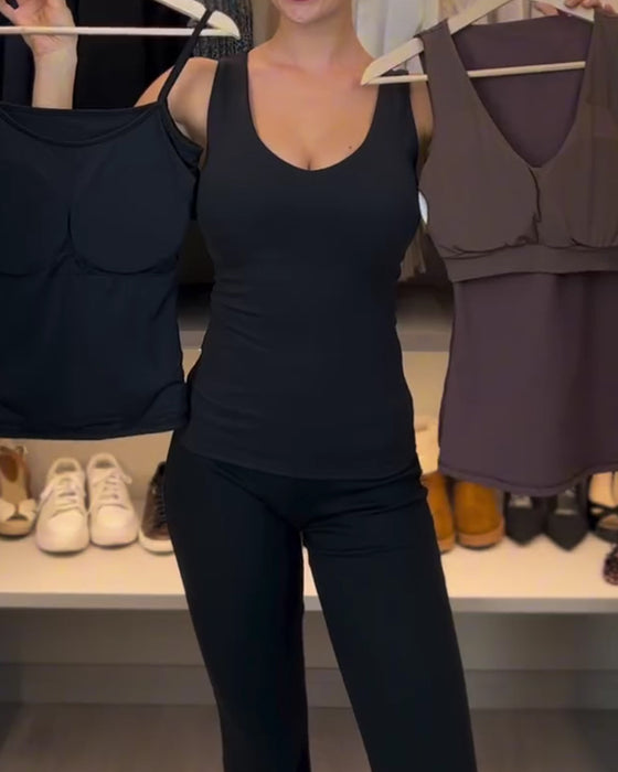 Tank Top Col En U Sans Manches Slim Fit Unie Avec Soutien-Gorge Intégré