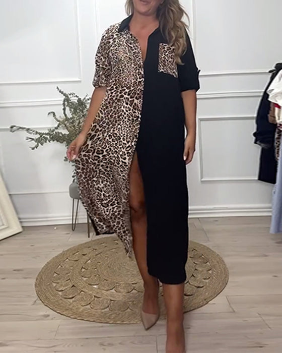 Robe patchwork imprimé léopard à revers