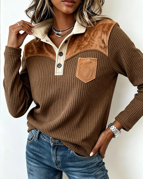 Sweatshirt Col Chemise Gaufrage Patchwork