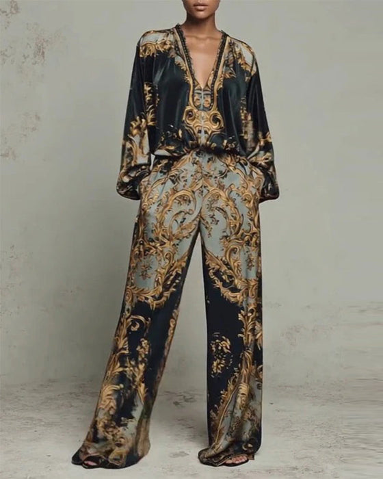 Ensemble Col En V Manche Lanterne Large Jambe Pantalon
