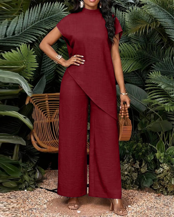 Set Col Haut Asymétrique Épaule Tombante Jambe Large