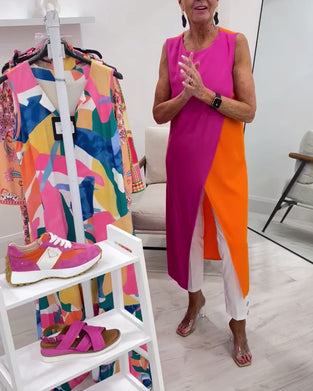 Blouse Sans Manches Couleur Contrastée Fente Longue