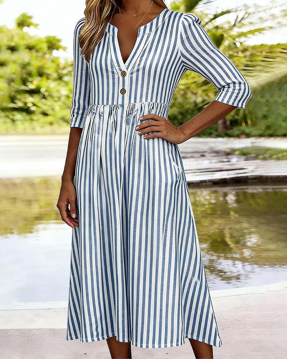 Robe Bleu Blanc Rayé Manche Trois-Quarts