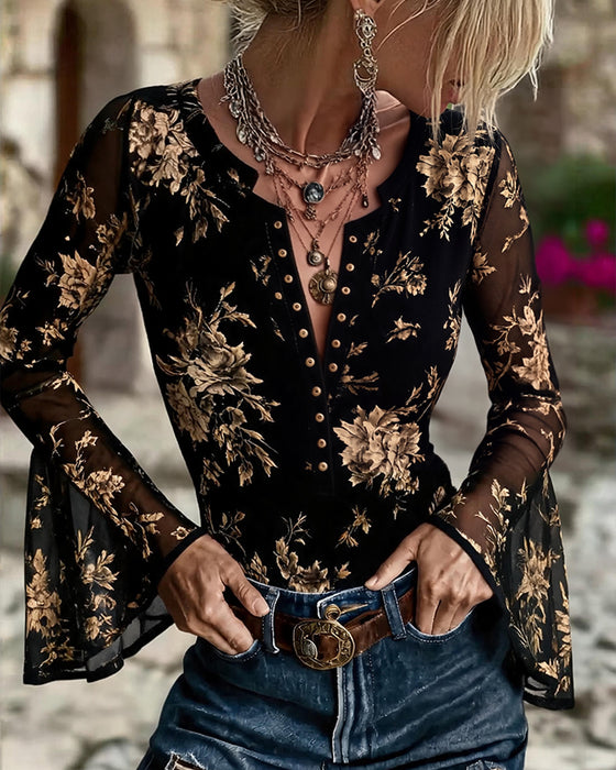 Blouse Col En V Bouton Devant Fleuri Manche Cloche