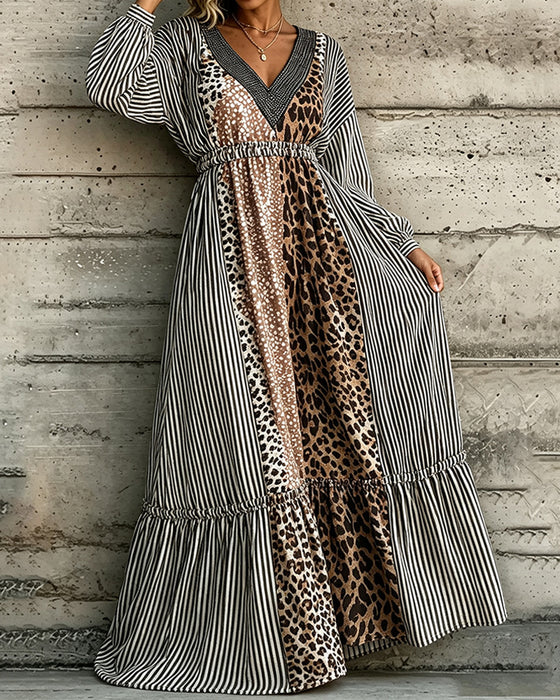 Robe Col V Rayé Imprimé Léopard Patchwork