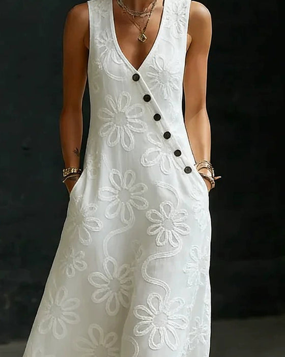Robe Longue Col En V Motif Floral Bouton Diagonal