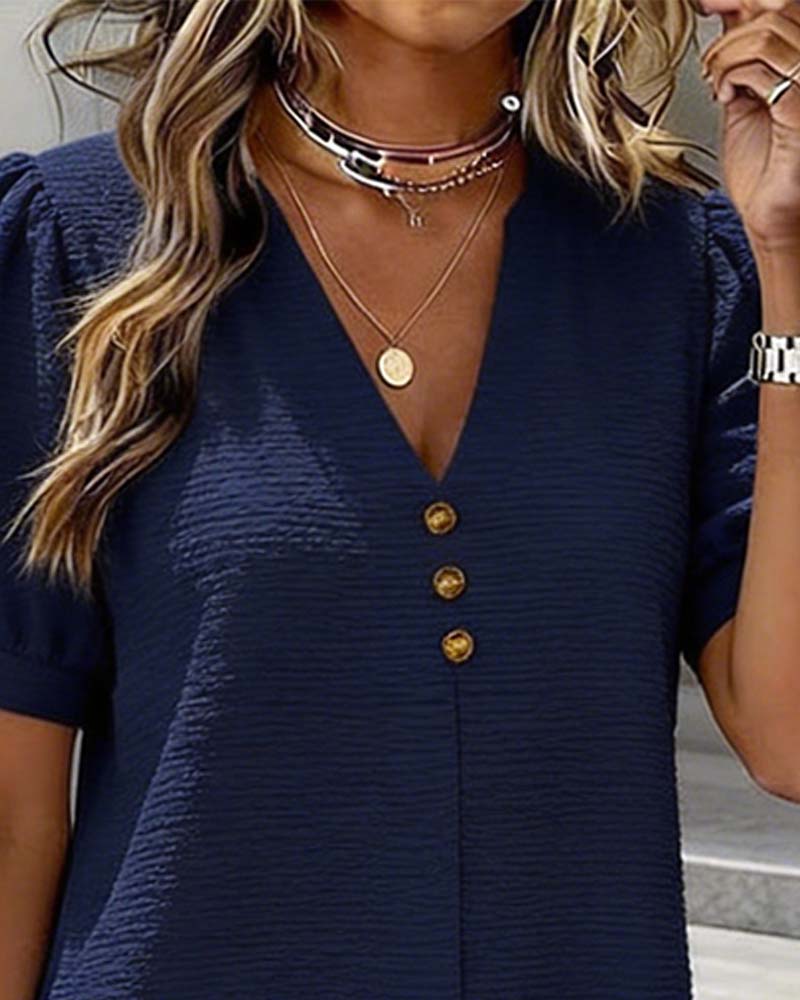 Robe Bulle Manche Col En V Bouton