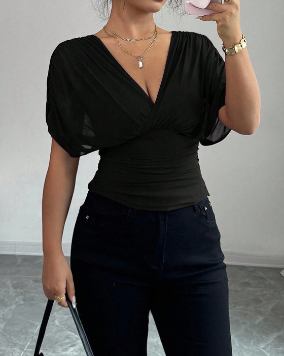 Blouse Unie Profond Col En V Taille Manches Courtes