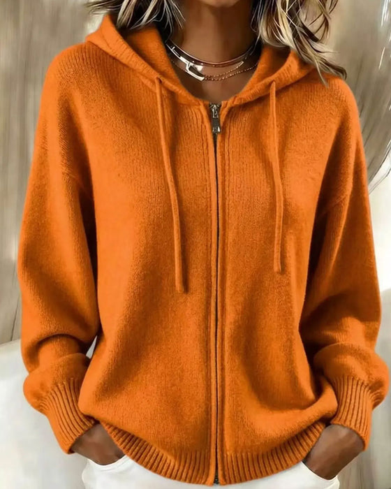 Cardigan Capuche Épaule Tombante Fermeture Éclair Tricoté