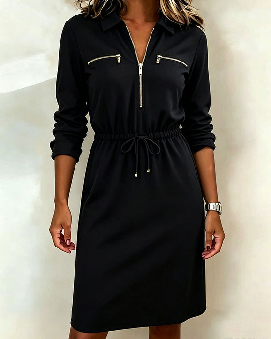 Robe À Col Relevé Semi-Zip Ceinture Cordelière