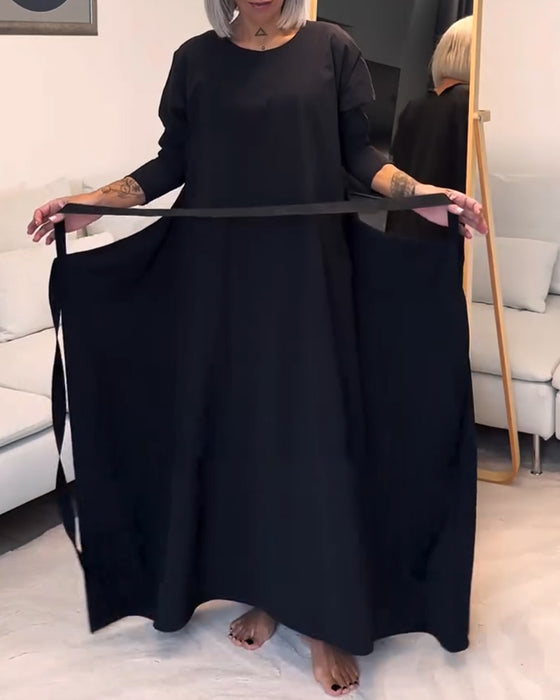 Robe plissée à lacets de couleur unie à la mode avec col rond