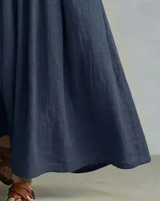 Robe Plissée Col En V Demi-Patte Coupe A Longue