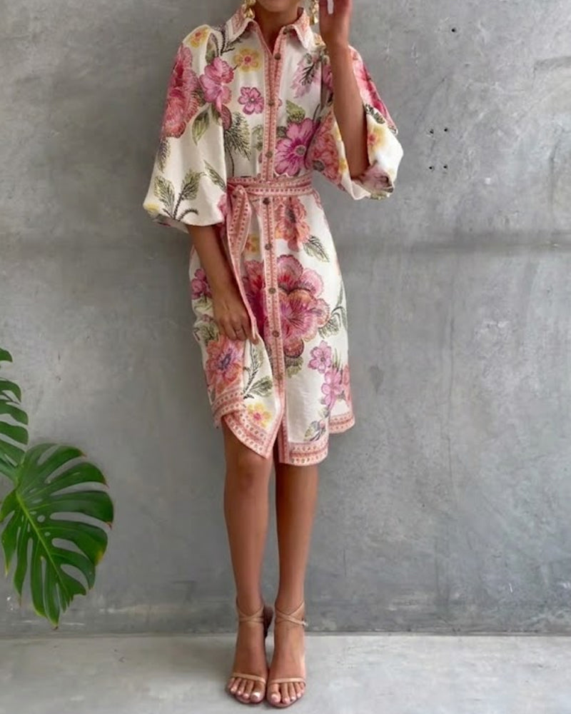 Robe Française Manchon Col Cranté Imprimé