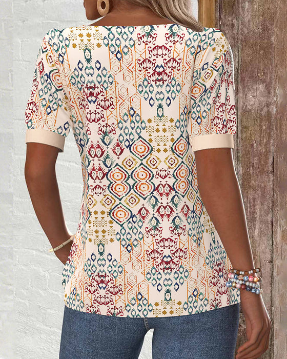 Blouse Col Asymétrique Manche Courte Imprimée Décontractée