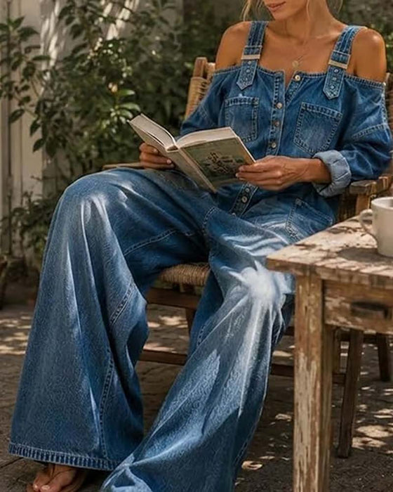 Jumpsuit Bretelle Spaghetti Épaule Dégagée Jambe Large Denim