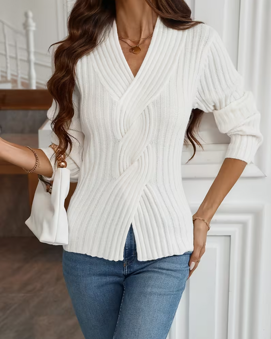 Pull Col V Nervuré Croisé Manches Longues