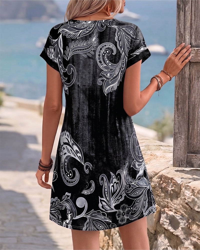 Robe Col V Demi Patte Imprimé