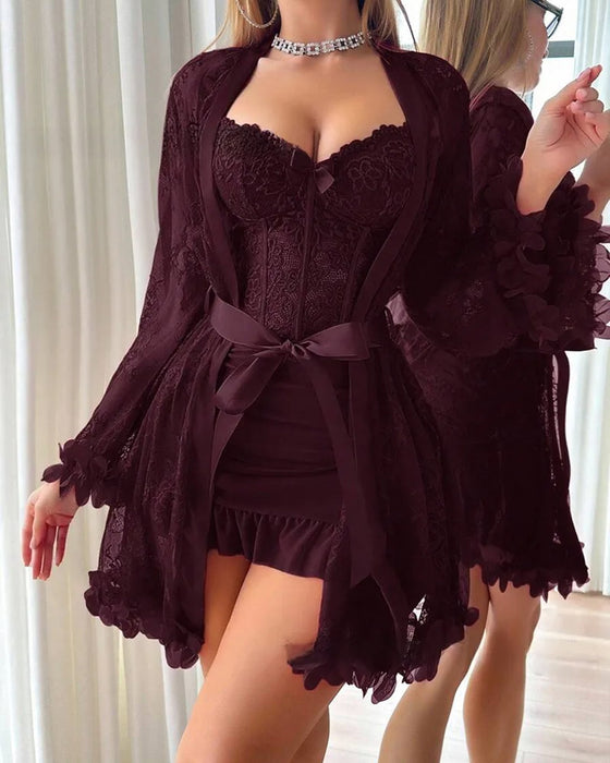Robe Dentelle Cache-Cœur Bretelles Spaghetti Bordure Dentelle Pyjama