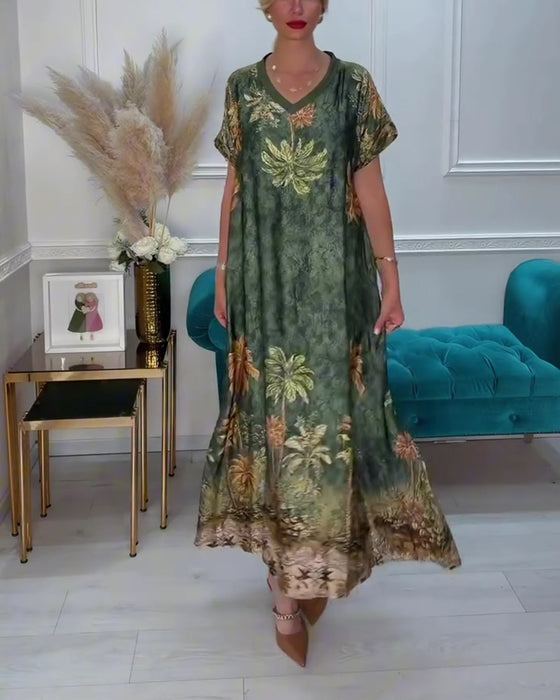 Robe Col En V Palmier Imprimé Manches Courtes Longue