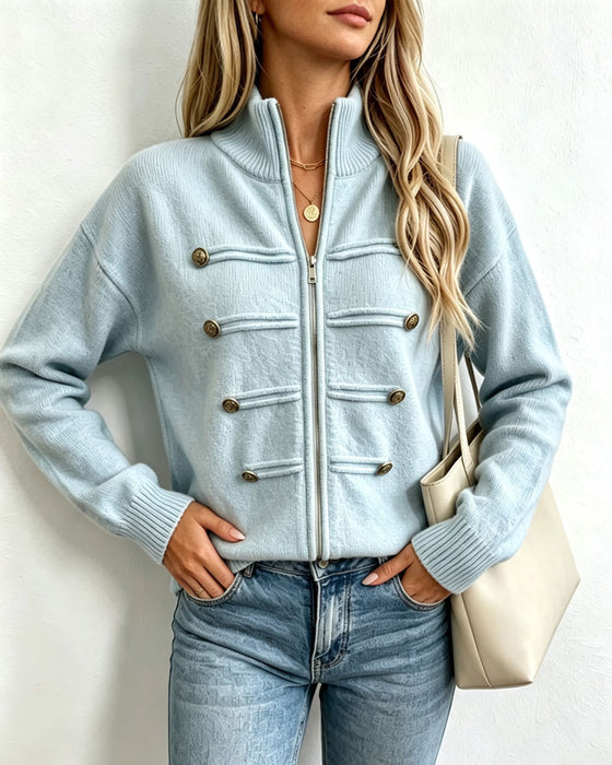 Cardigan Col Mandarin Mode Fermeture Éclair Tricoté