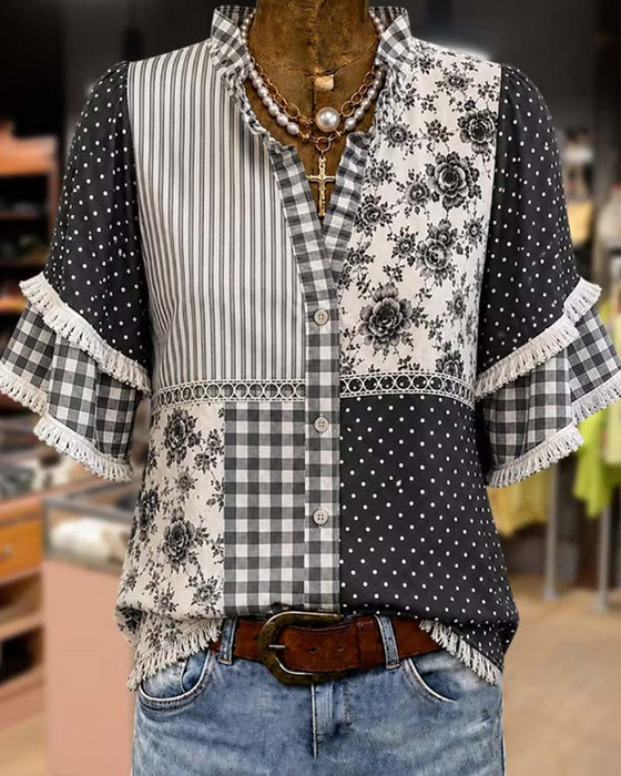 Blouse Col Mandarine Polka Dot Carreau
