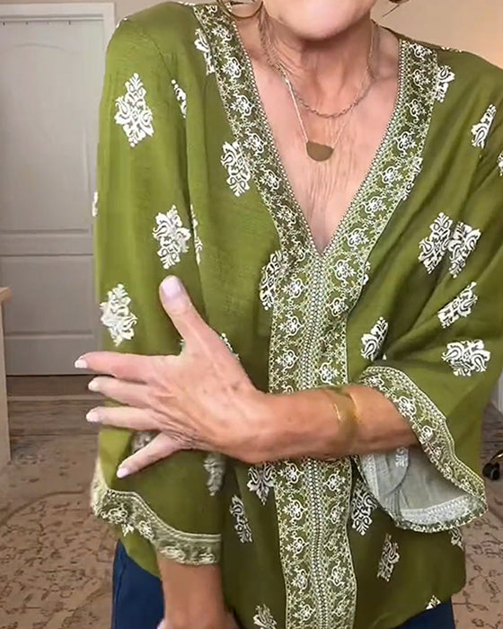 Blouse Col En V Ethnique Lâche