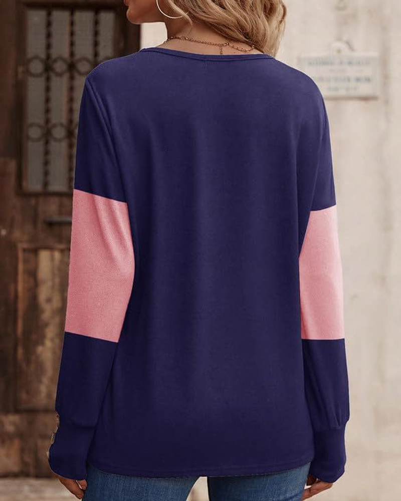 T-Shirt Femme Imprimé Colorblock Bouton Décor Épaule Tombée