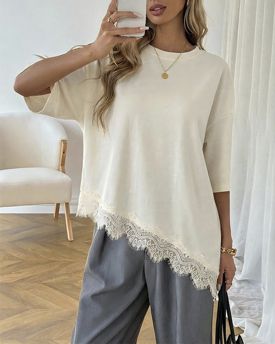 Blouse Asymétrique Dentelle Ourlet Assemblé Manches Courtes