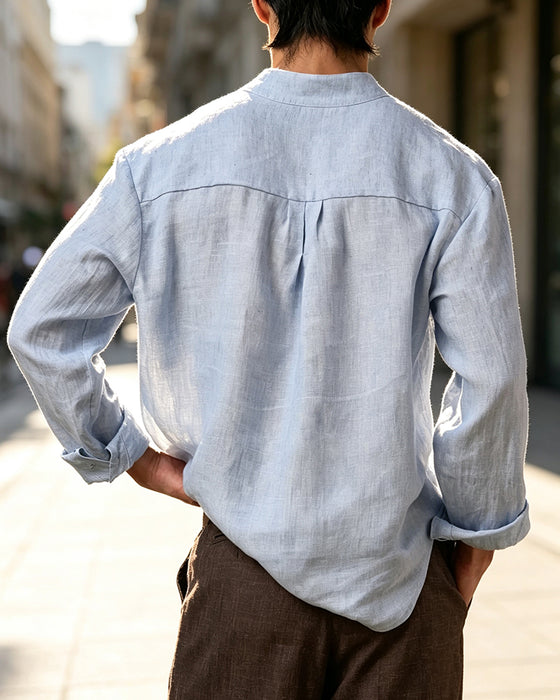 Chemise Homme Col V Col Monté Manches Longues Décontractée