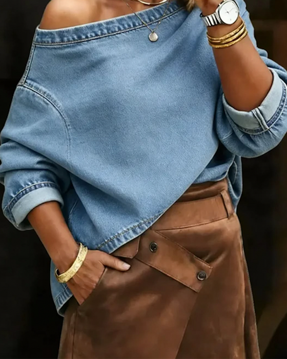 Haut Hors Épaule Lâche Denim Manches Longues