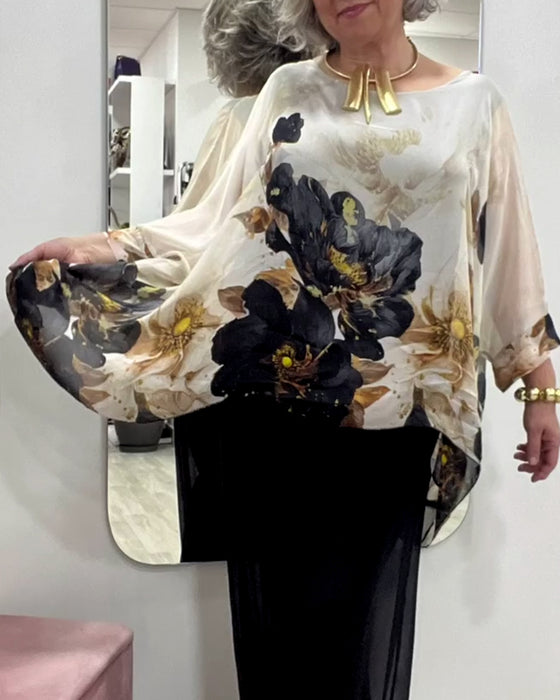 Blouse Manches Longues Irrégulière Imprimé Grandes Fleurs