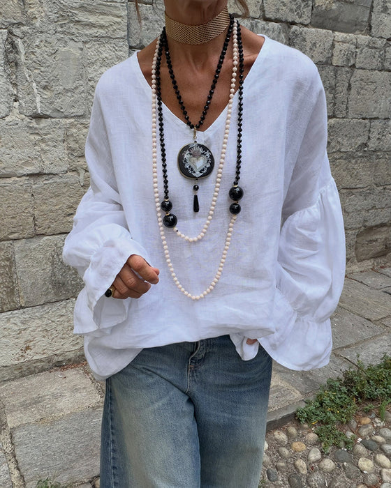 Blouse Col En V Volant Décontractée Unie