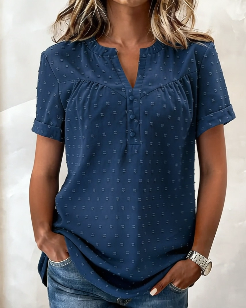 Chemisier Jacquard Col V Demi-Patte Manche Courte