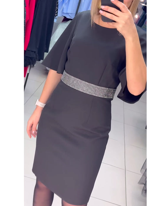 Robe Col Rond Manches Mi-Longues Évasées Taille